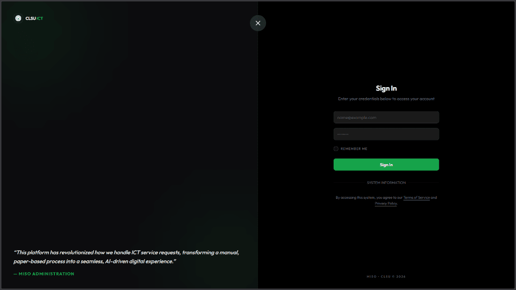 AIRA service request system login interface at CLSU